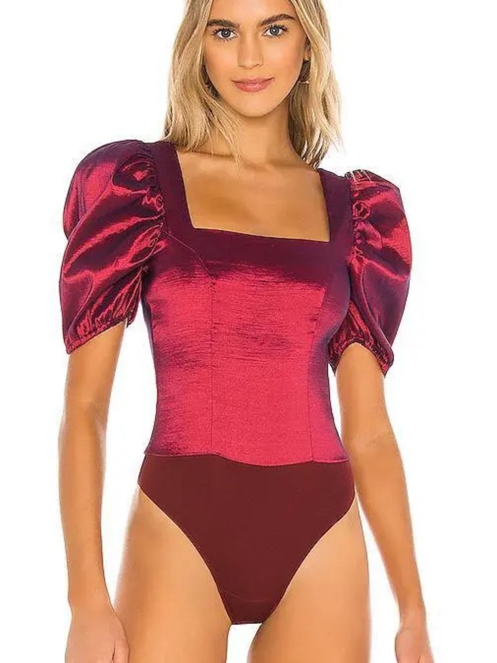 MAJORELLE Cruz Bodysuit NWT Wine Metallic Puff Sleeve Revolve Size Small